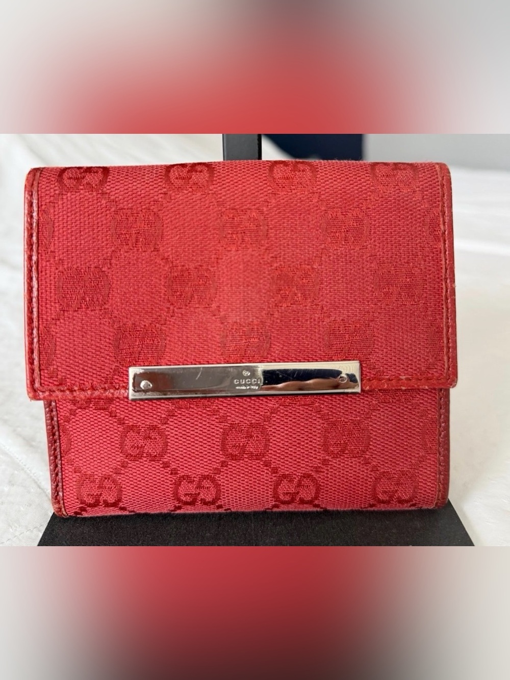Gucci Red GG Monogram Wallet with Silver Logo